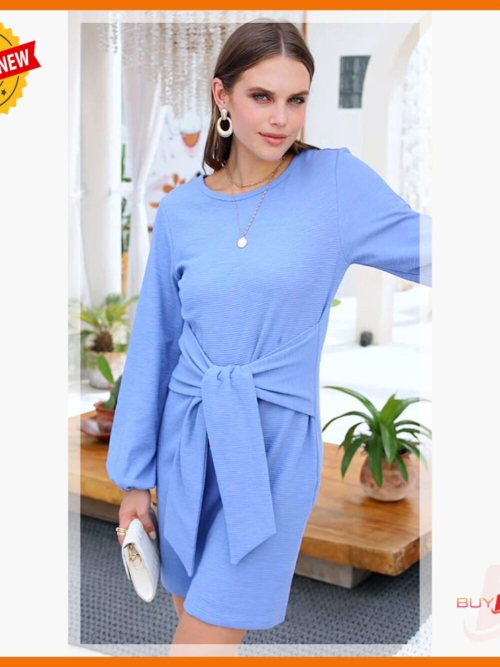Long Sleeve Knit Cocktail Dress with Tie Waist and Lantern Sleeves - Picture 7 of 7